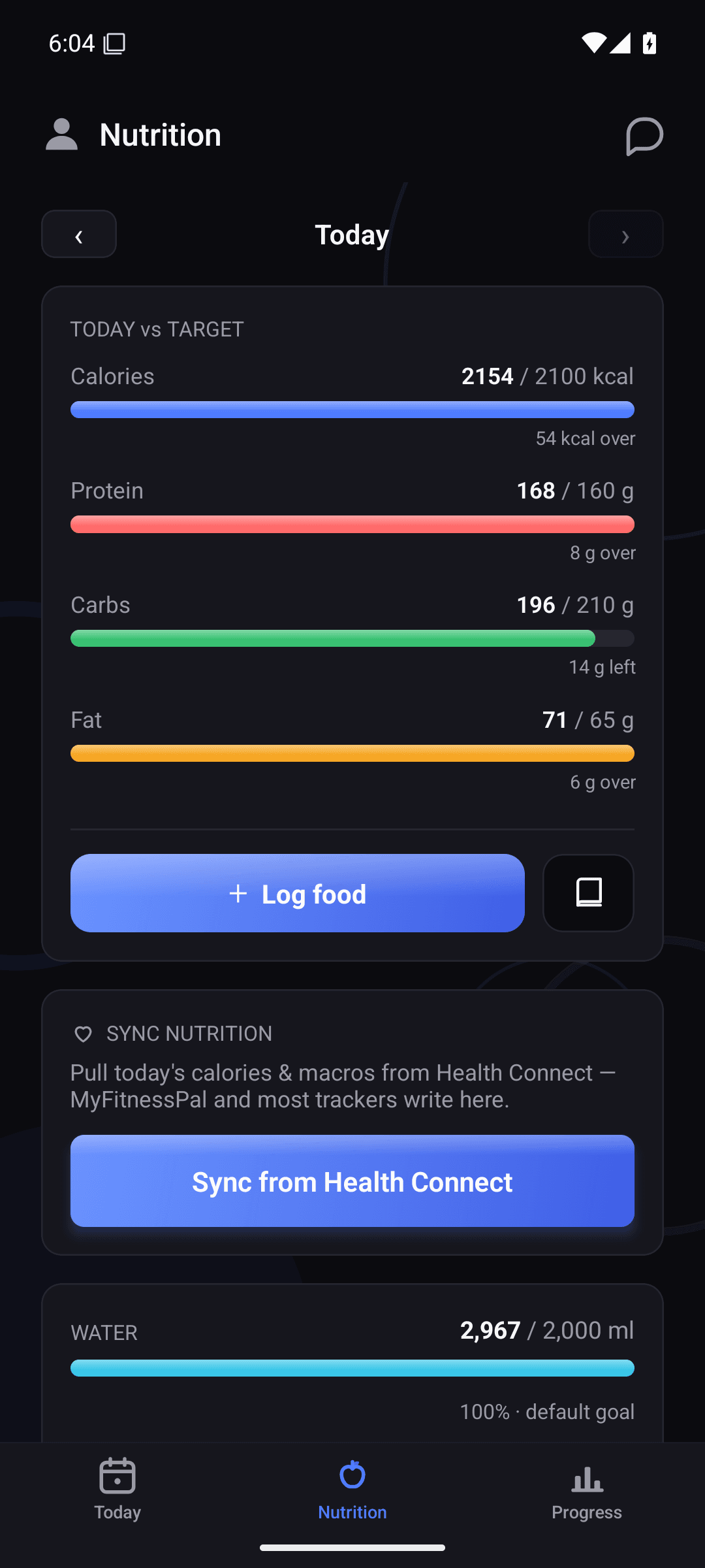 A client's nutrition screen: calories, protein, carbs and fat against targets, water intake