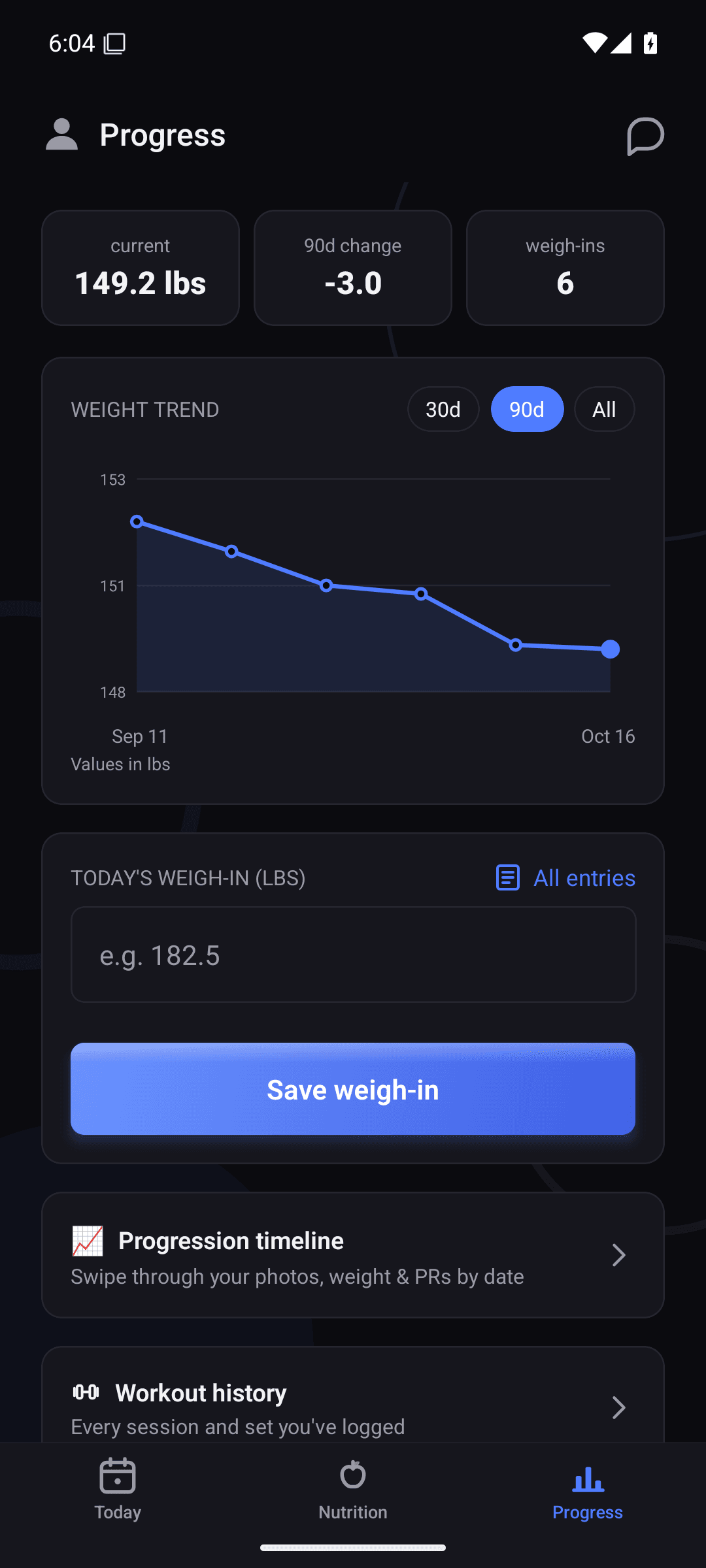 A client's progress screen: 90-day weight trend, today's weigh-in, progression timeline and workout history