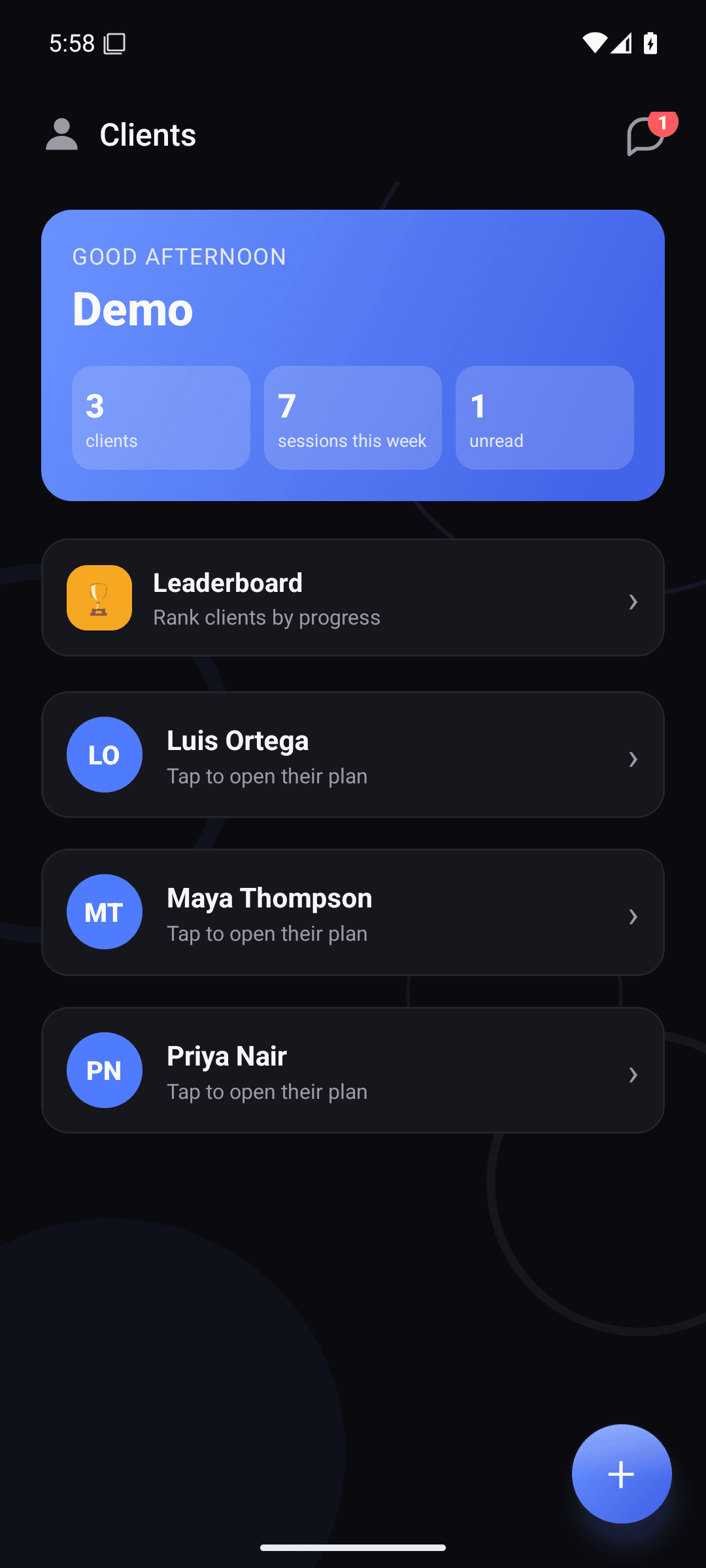 Coach home: three clients, seven sessions this week, one unread message, and a leaderboard