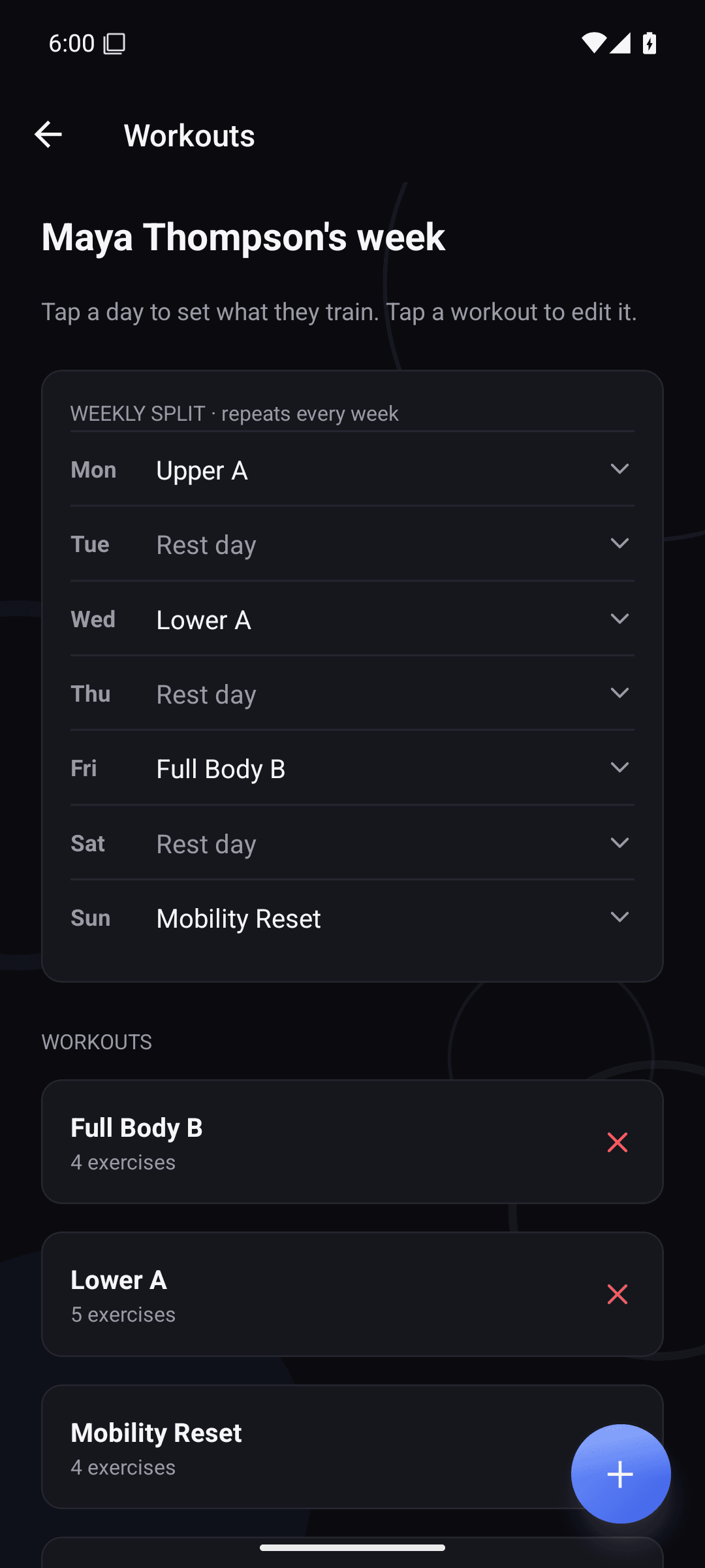 The coach editing a client's weekly split: Upper A, Lower A, Full Body B and a mobility day