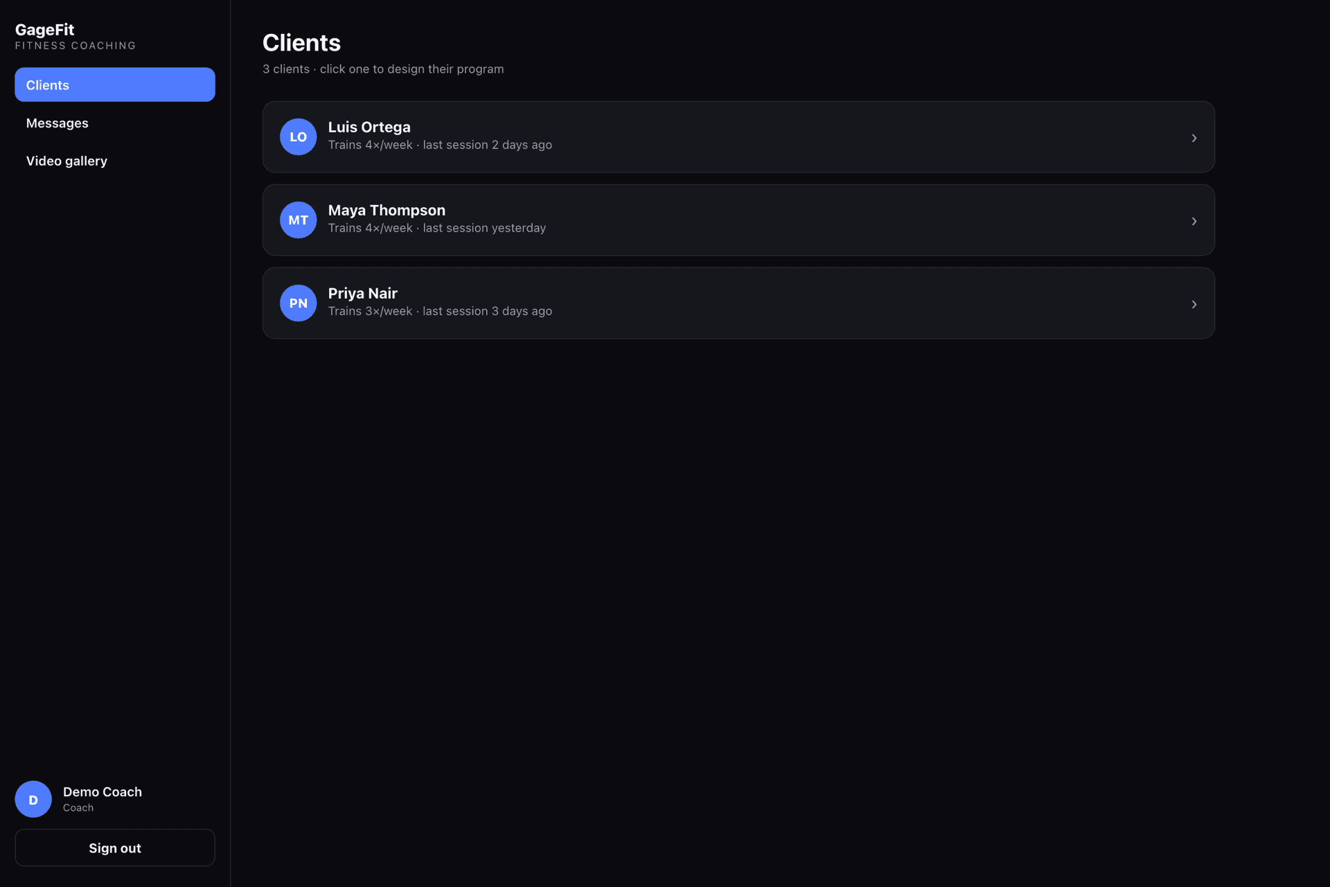 The coach web dashboard: client roster with training frequency and last session