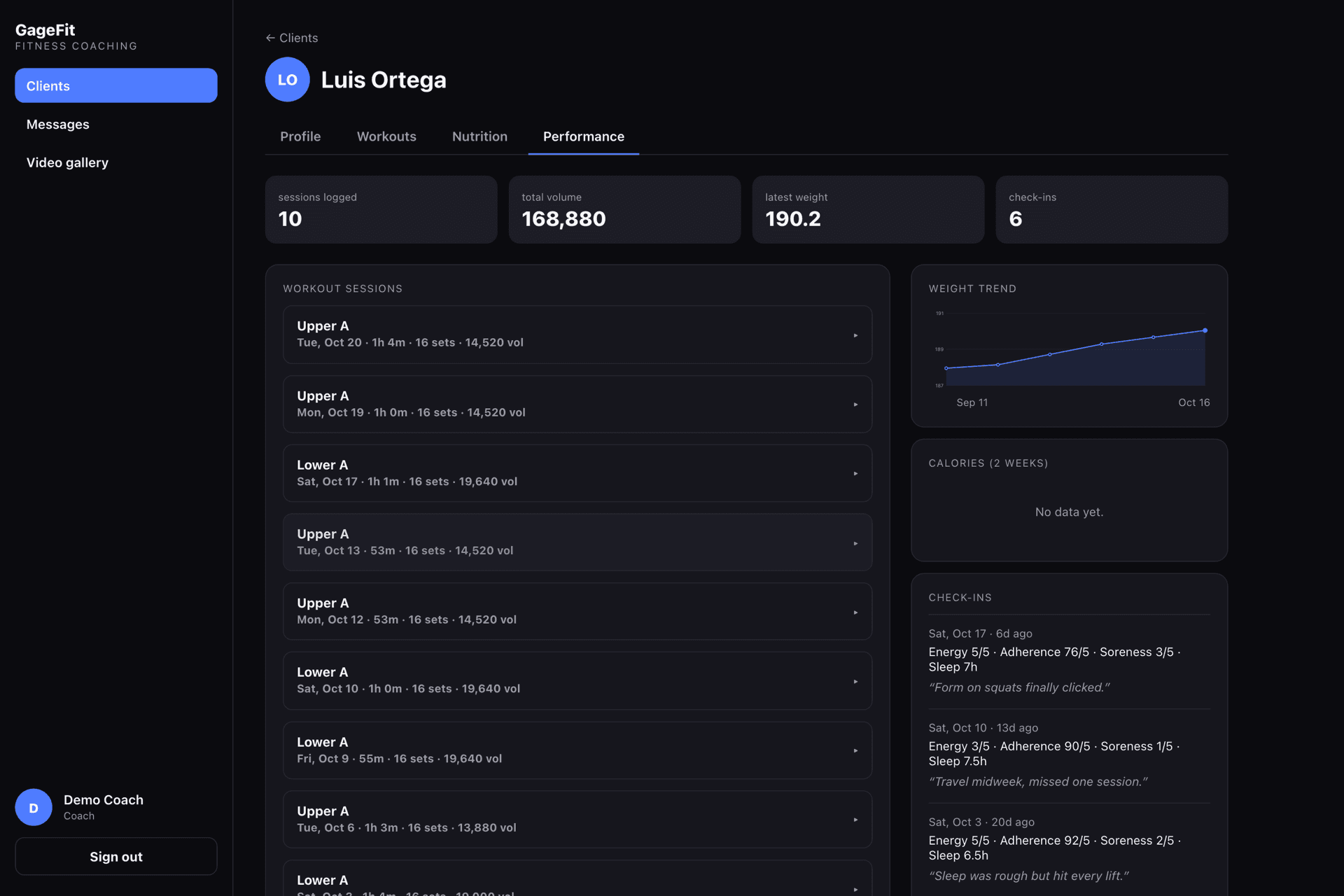 The coach web dashboard: a client's sessions, weight trend and weekly check-ins