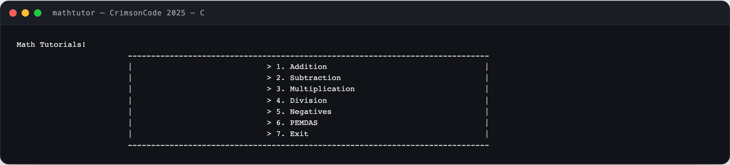 The tutorials menu: addition, subtraction, multiplication, division, negatives, PEMDAS