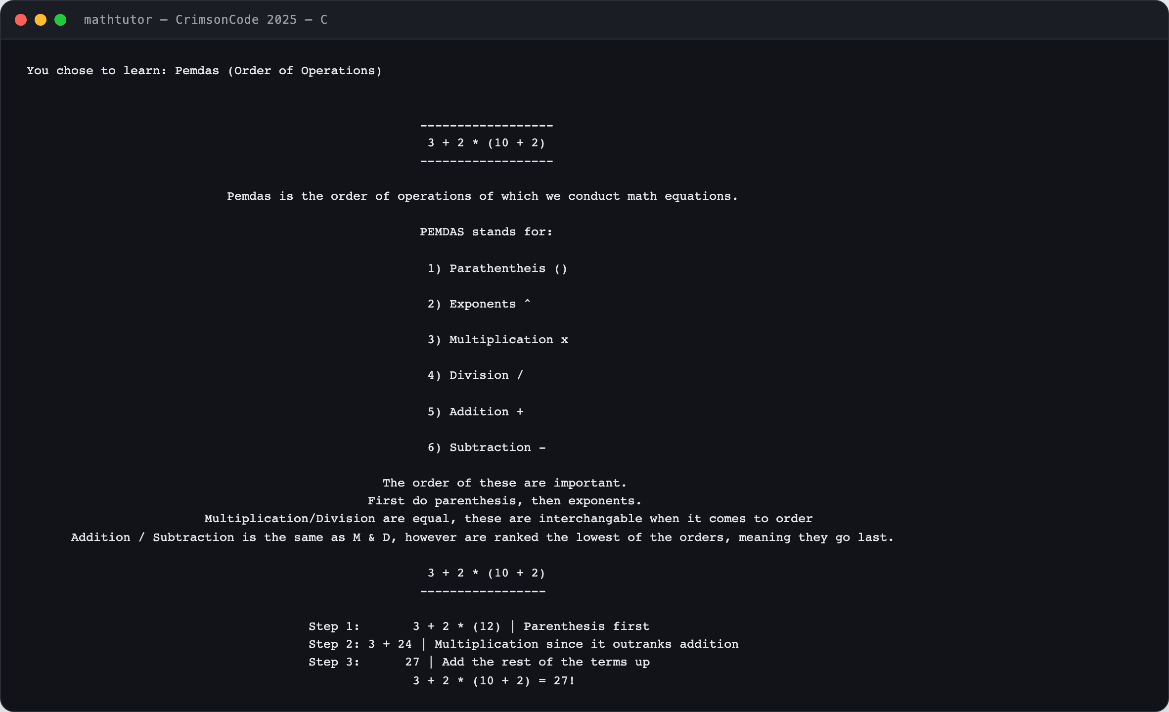 The PEMDAS tutorial working through 3 + 2 × (10 + 2) step by step