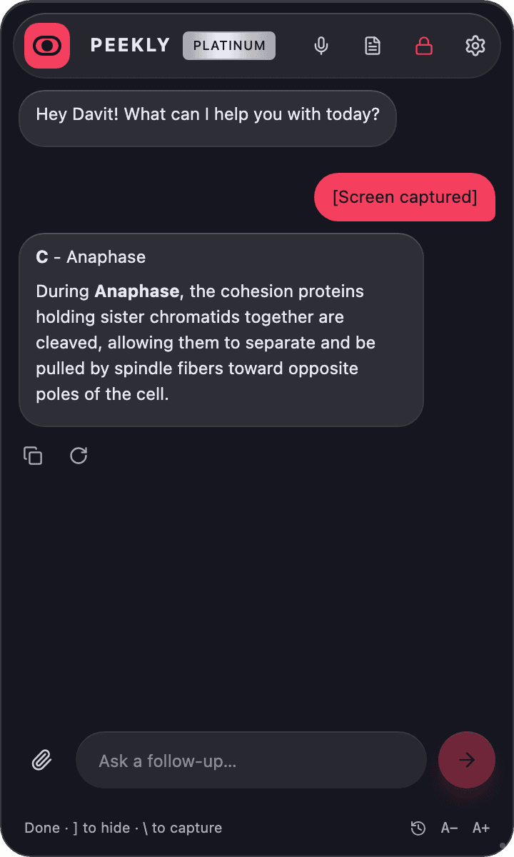 Peekly answering a captured biology quiz question about anaphase