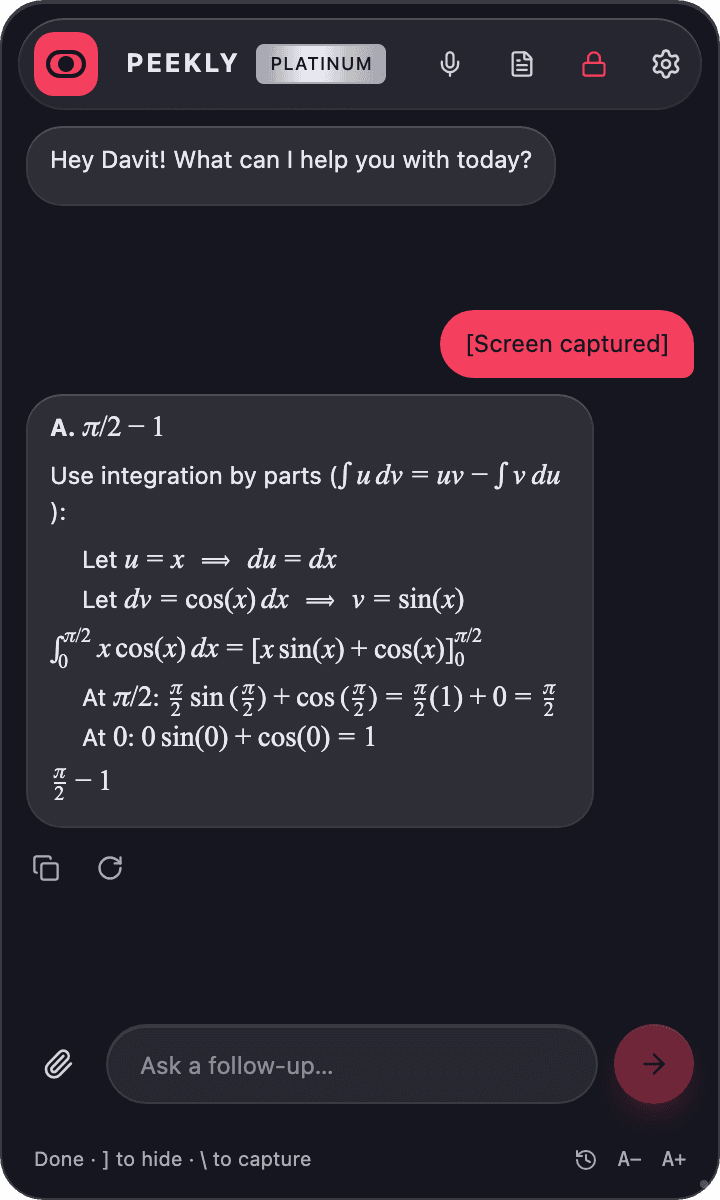 Peekly answering a captured calculus problem: a definite integral solved by integration by parts