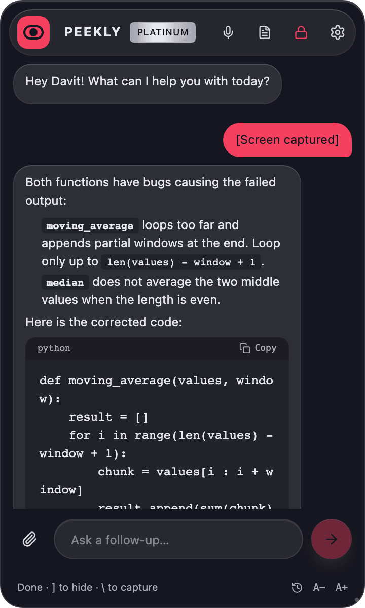 Peekly finding two bugs in a captured Python file and writing the corrected code